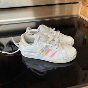 Size 1.5 youth Adidas White Sneakers with iridescent stripes